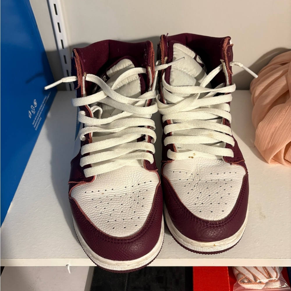 White and Burgundy High-Top Sneakers